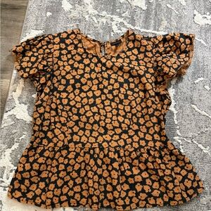 L - Who What Wear Black and Orange Floral Blouse